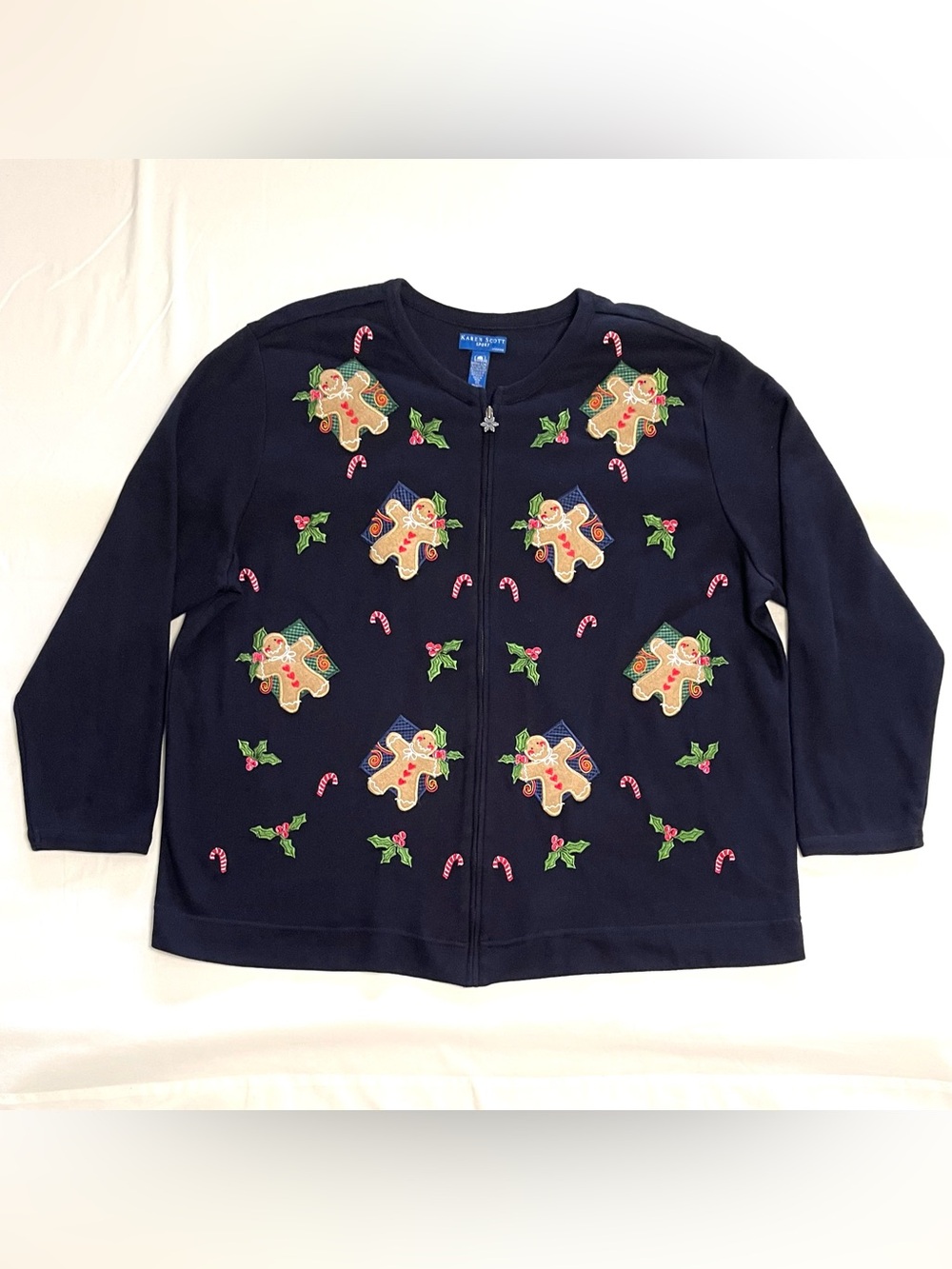 Vintage Grandma Winter Gingerbread Embroidered Zip-Up Sweater by Karen Scott